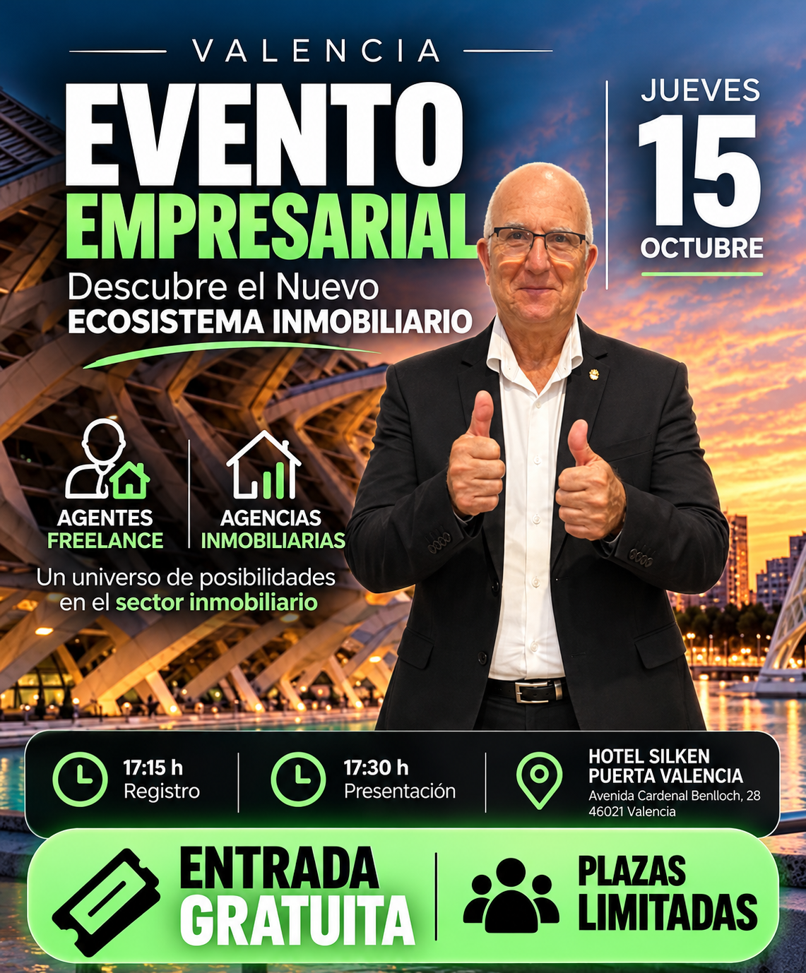 Cartel del evento empresarial en Valencia: jueves 15 de octubre, entrada gratuita, Hotel Silken Puerta Valencia